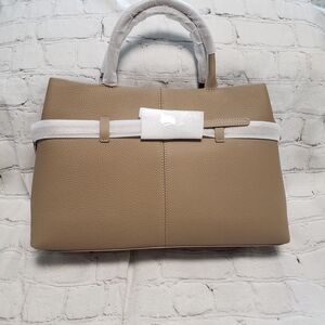 Bellanovi Womens Structured Taupe Pebbled Tote Bag with Top Handles.